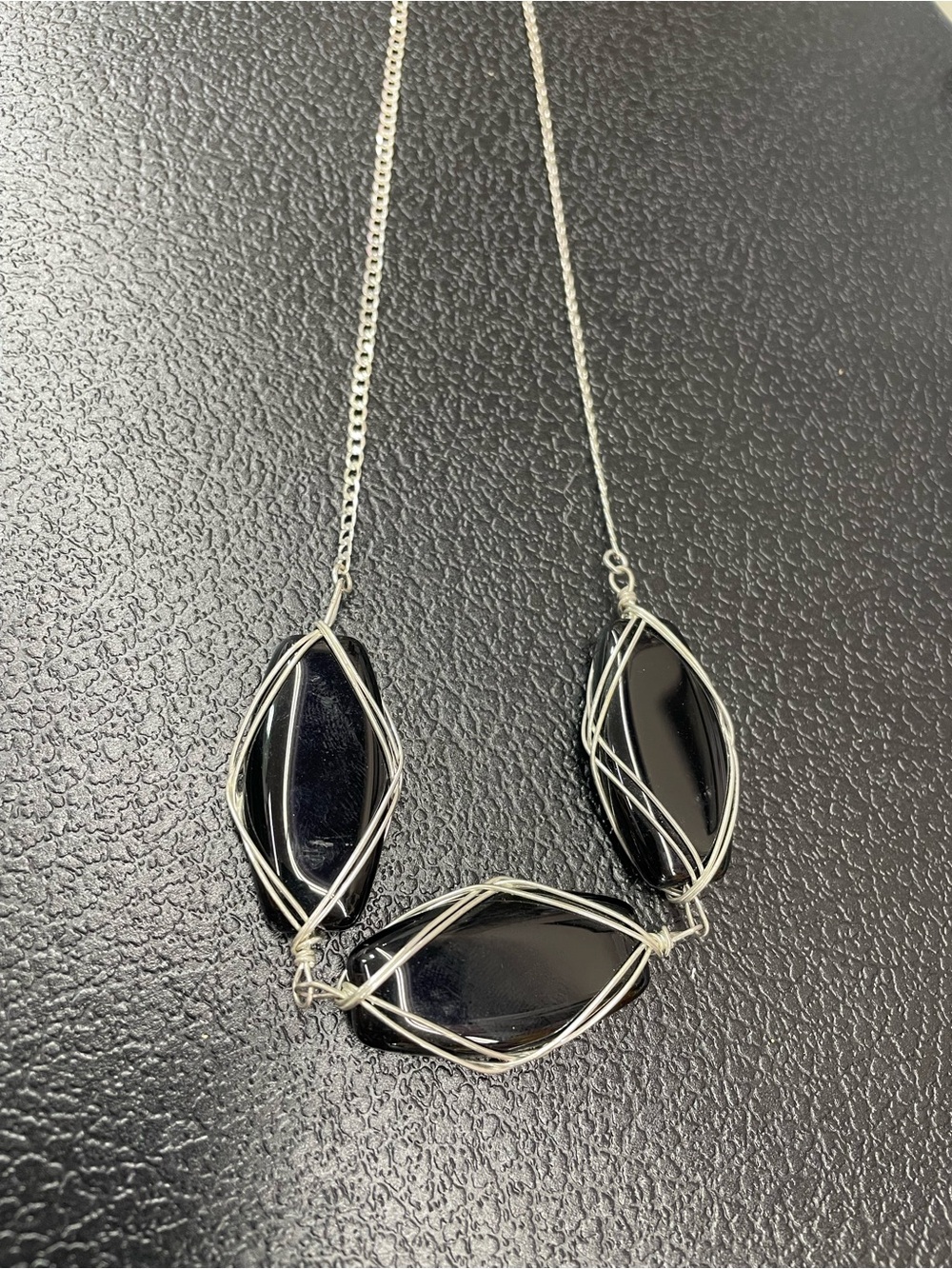 Black Wire-Wrapped Triple Marquise Stone Necklace
